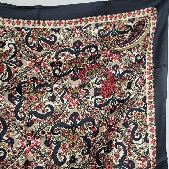 Vintage Silk Scarf Square  Black Tan Paisley 31" Square Twill Hand Rolled - Picture 8 of 11